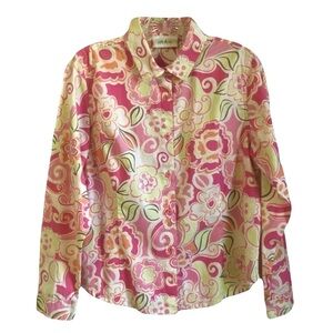 Vintage 1970s Retro Floral Button Down Shirt Pink Green Orange Size M